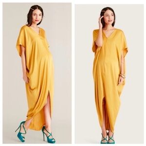 Hatch The Riviera Maternity Dress Satin Midi V-Neck Short Sleeve Marigold OS